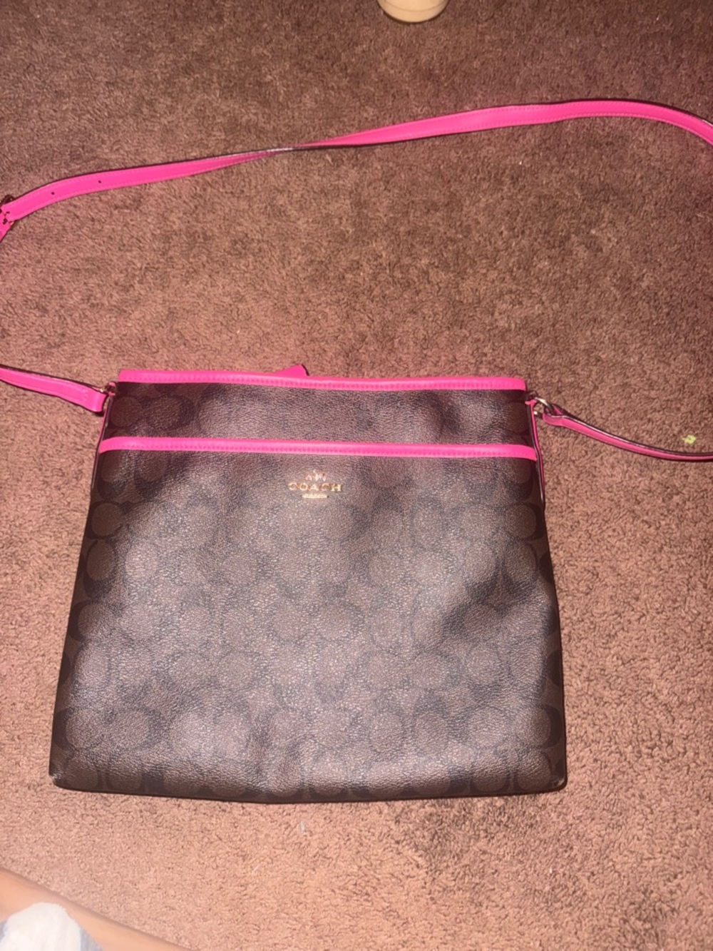Coach Brown Signature Crossbody with Hot Pink Trim